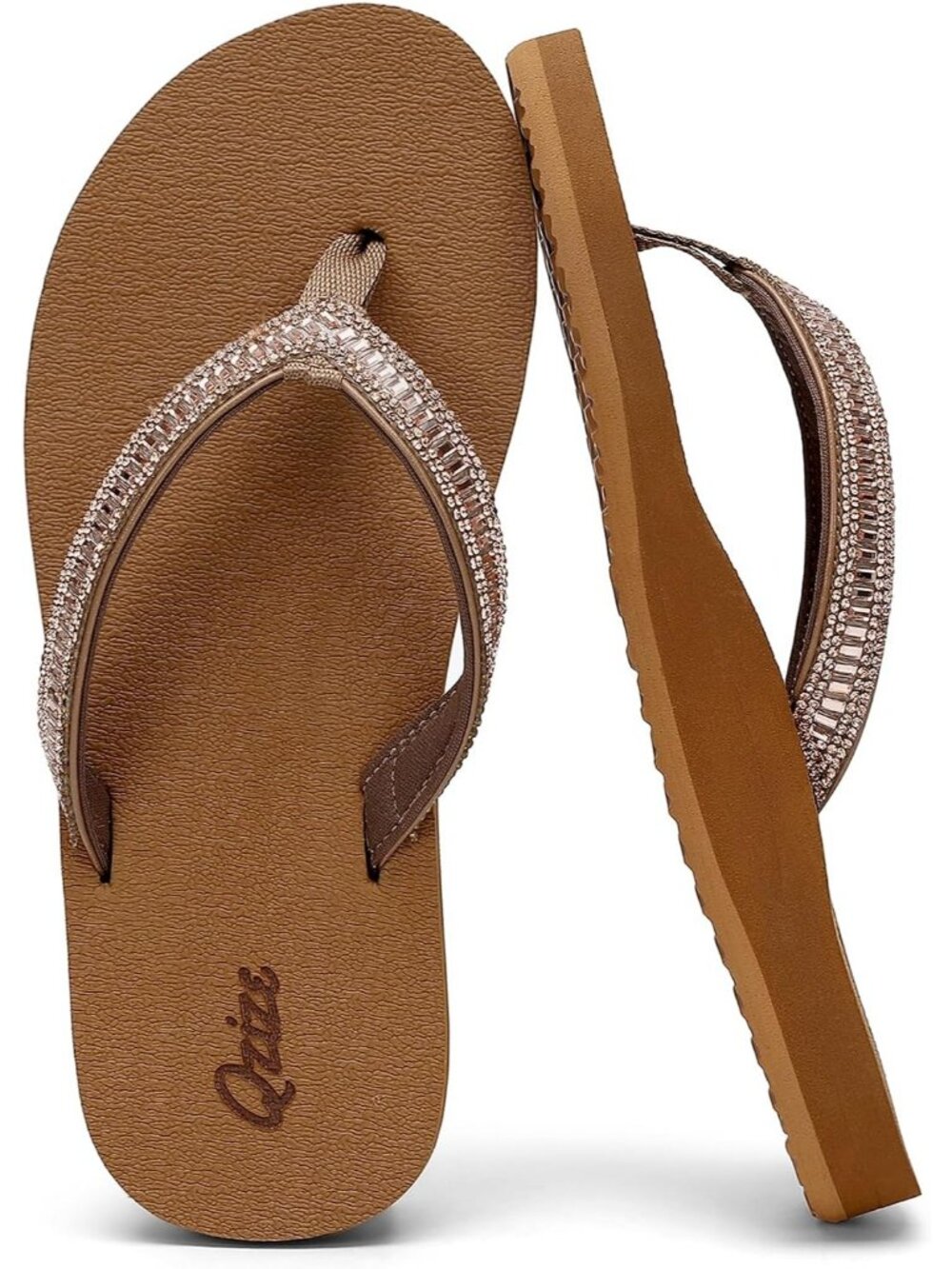 Women's Khaki Summer Comfortable Flip Flops with Rhinestone Beach Thong Sandals